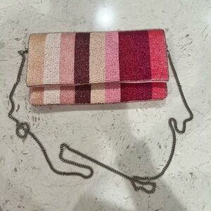 Pink and Cream Striped Clutch with Chain Strap